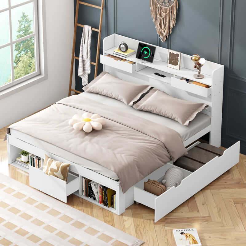 Modenvie Bett Mit Schubladen 140×200 Cm, Doppelbett Mit Usb, Typ C, 2 Steckdosen Und Stauraum, Ohne Matratze, Aus Kiefer, Weiß