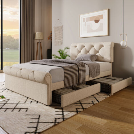 Bett mit Schubladen 90×200 cm, Einzelbett mit 2 Schubladen, Höhenverstellbarem Kopfteil und Polsterung, ohne Matratze, Natur