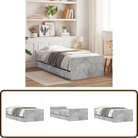 Bett mit Schubladen Betongrau 75x190 cm - Beton Grau - Holzrahmen - Lattenrost - Schrankbett - Einzelbett