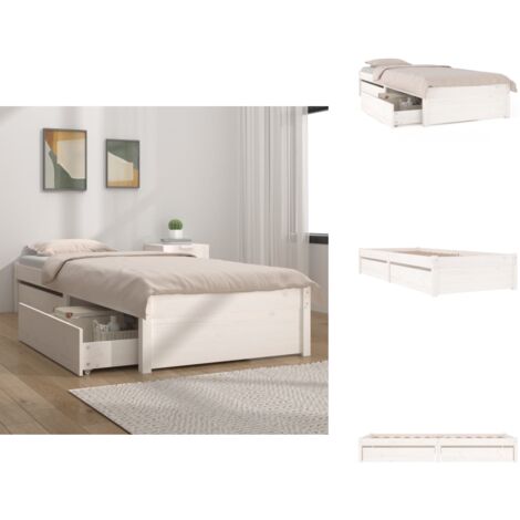 Bett mit Schubladen Weiß 75x190 cm - Holzbett - Kiefernholzbett - Einzelbett - Kleines Bett - Weißes Bett