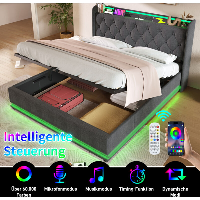 Modenvie Bett Mit Stauraum 140×200 Cm, Doppelbett Mit 360° Led, Usb, Typ C Und Ablagen, Ohne Matratze, Leinen, Grau