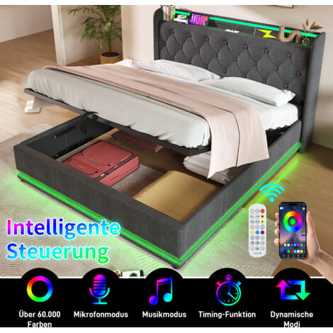 Bett mit Stauraum 140×200 cm, Doppelbett mit 360° LED, USB, Typ C und Ablagen, ohne Matratze, Leinen, Grau