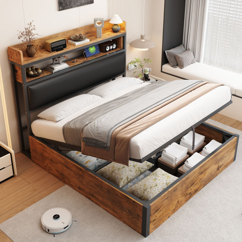 Modenvie Bett Mit Stauraum 140×200 Cm, Doppelbett Mit Bettkasten, Usb, Gepolstertes Kopfteil Und Ablagen, Ohne Matratze, Schwarz