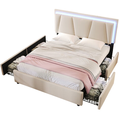 Bett mit Stauraum 140x200 cm Holz/Metall Beige, inklusive Matratze, LED-Beleuchtung, höhenverstellbares Kopfteil