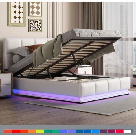 DANS LES NUAGES Bett mit Stauraum 140x200 cm, mit LED-Beleuchtung, Stauraum für Hydraulik, gepolstertes Doppelbett aus Kunstleder - weiß