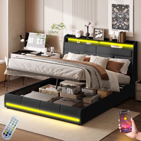 DANS LES NUAGES Bett mit Stauraum 140x200cm, mit LED, APP, hydraulischem Stauraum, Fernbedienung, Lattenrost, Metallrahmen, gepolstertes Bett aus Kunstleder - Schwarz