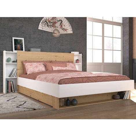 Bett mit Stauraum - 160 x 200 cm - Naturfarben & Weiß - FERDI - Naturfarben hell, Weiß