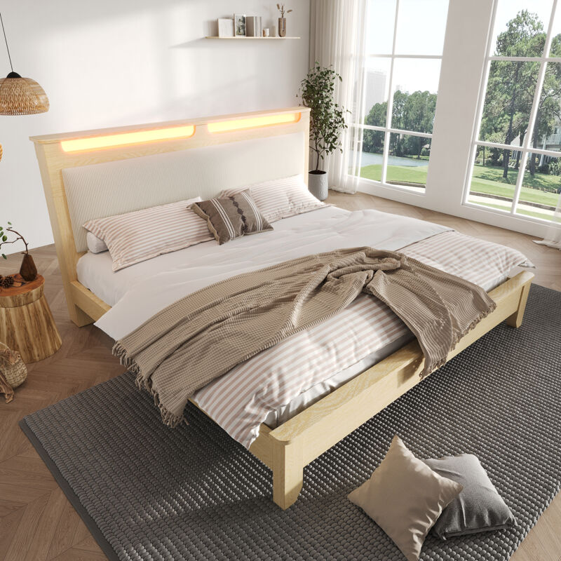Modenvie Bett Mit Stauraum 160×200 Cm, Doppelbett Mit Kopfteil Ablage, Led Verstellbar Und Cord Rückenteil, Ohne Matratze