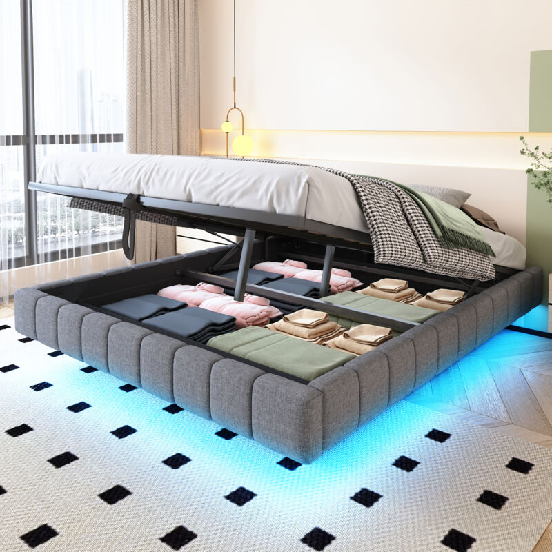 Modenvie Bett Mit Stauraum 160×200 Cm, Doppelbett Mit Led Verstellbar Und Bettkasten, Ohne Kopfteil, Ohne Matratze, Grau