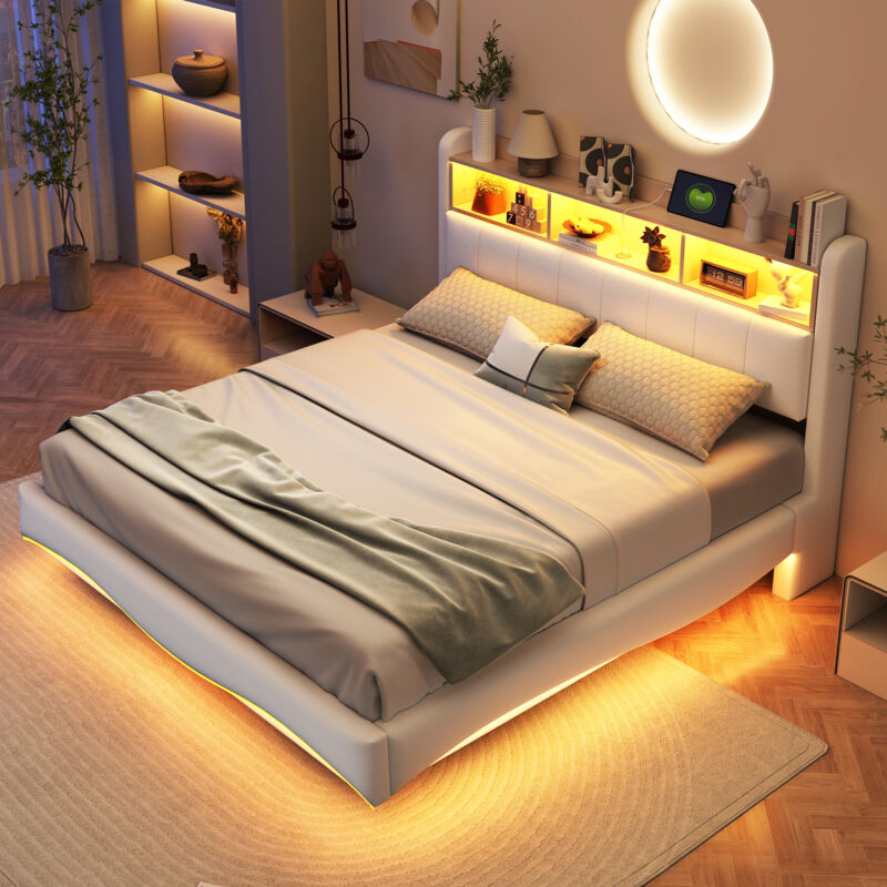 Modenvie Bett Mit Stauraum 160×200 Cm, Doppelbett Mit Led Verstellbar, Usb, Typ C Und Kopfteilablage, Ohne Matratze, Beige