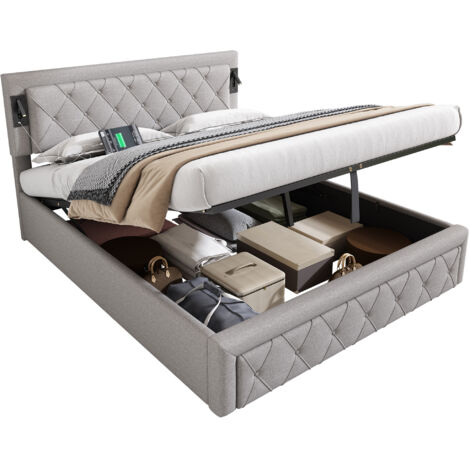 Bett mit Stauraum 160x200 cm Leinen Grau, mit USB, Downlight und Lattenrost