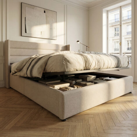Bett mit Stauraum 160x200, Polsterbett mit Ohrenkopfteil, aus Leinenstoff, hydraulischem Bettkasten, moderner zeitgenössischer Stil, Beige