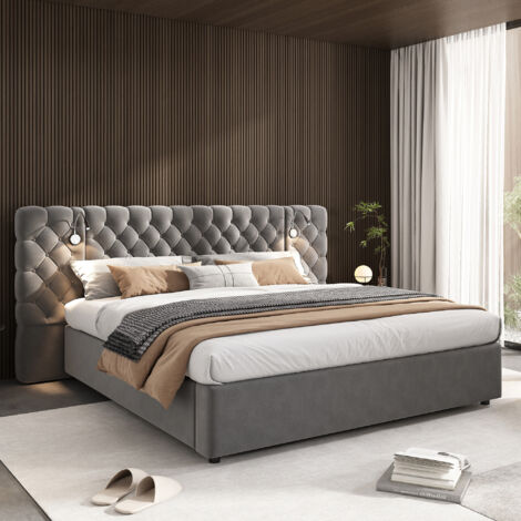 Bett Mit Stauraum 180×200 cm, Doppelbett mit Hydraulischem Bettkasten, Leselampe und LED, ohne Matratze, Samt, Grau