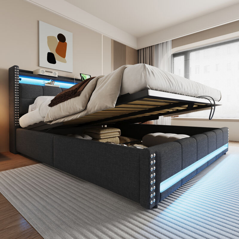 Modenvie Bett Mit Stauraum 180×200 Cm, Doppelbett Mit Verstellbarer Led, Usb, Typ C Und Ablagen, Ohne Matratze, Stoff - Grau