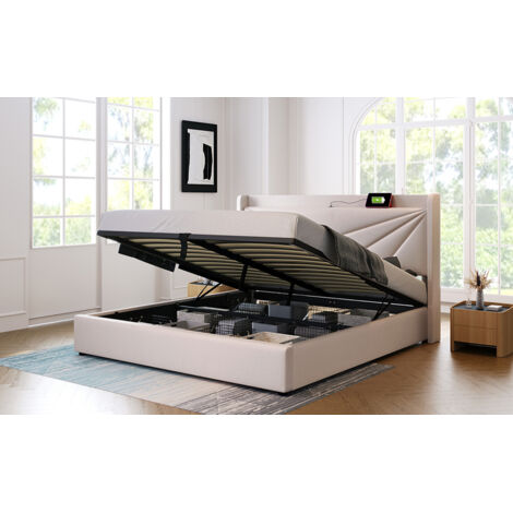 Bett mit Stauraum Baumwoll-Leinen Beige 180x200 cm, mit Lattenrost, USB- und Typ-C-Ladefunktion