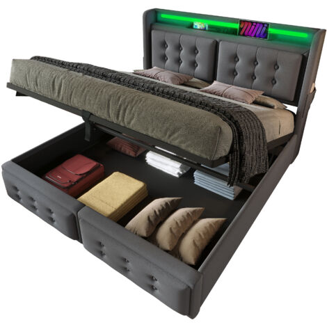 Bett mit Stauraum Baumwoll-Leinen Grau 140x200 cm, inklusive Matratze, LED, USB-C und Steckdosen