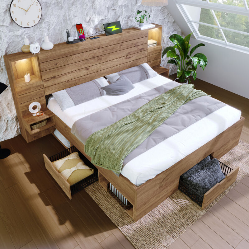 Mivray Bett Mit Stauraum Holz In Eiche 160x200 Cm Mit Led-downlights, Usb/type-c Und Schwebenden Nachttischen