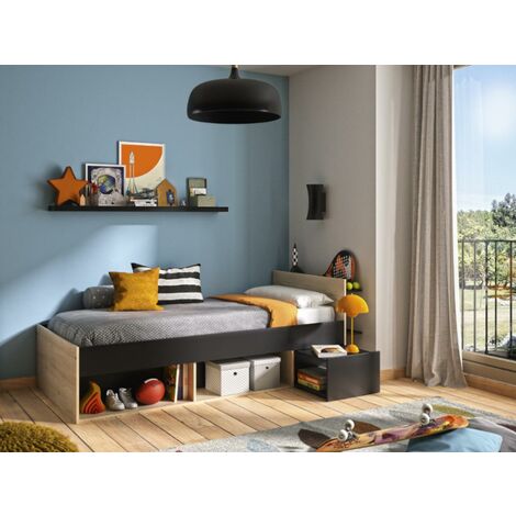 Bett mit Stauraum & integrierten Nachttischen + Lattenrost + Matratze - 90 x 200 cm - Naturfarben & Anthrazit - ALIORI - Anthrazitgrau, Naturfarben hell