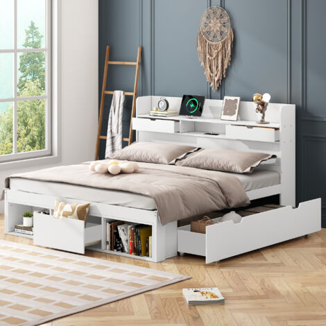 Bett mit Stauraum Kiefernholz/MDF weiß 140x200 cm, mit USB, Typ-C, Schubladen, Stauschrank und Lattenrost