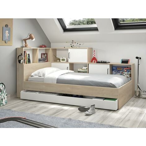 Bett mit Stauraum + Lattenrost + Matratze - 90 x 200 cm - Naturfarben & Weiß - ARMAND - Naturfarben hell