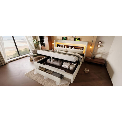Bett mit Stauraum Leinen Beige 140x200 cm, mit Matratze, LED, USB/USB-C, hydraulischem Bettkasten und Kopfteilablage