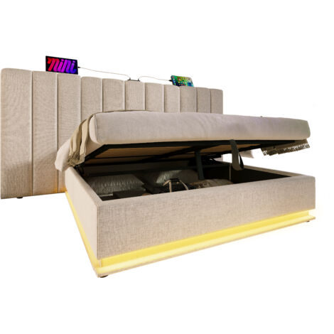 Bett mit Stauraum Leinen Beige 180x200 cm, inklusive Matratze, LED, USB-C und Lattenrost