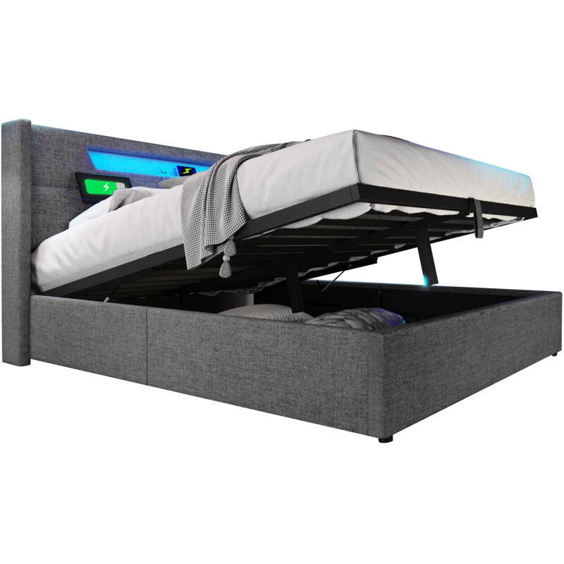 Mivray Bett Mit Stauraum Leinen Grau 140x200 Cm, Mit Led, Usb/type-c, Lattenrost Und Matratze