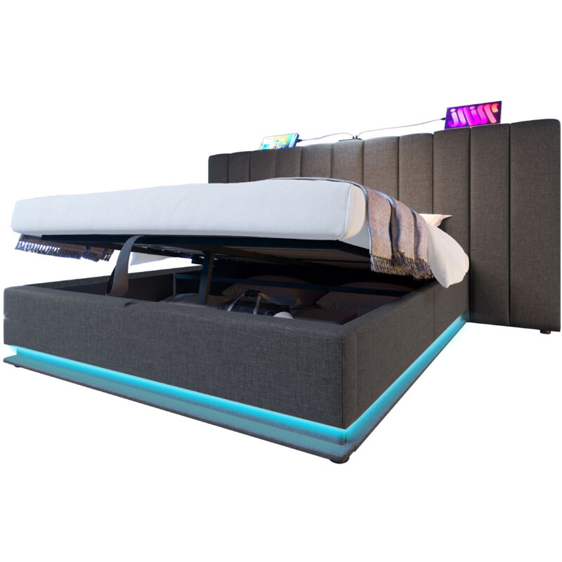 Mivray Bett Mit Stauraum Leinen Grau 180x200 Cm, Inklusive Matratze, Led, Usb-c Und Lattenrost