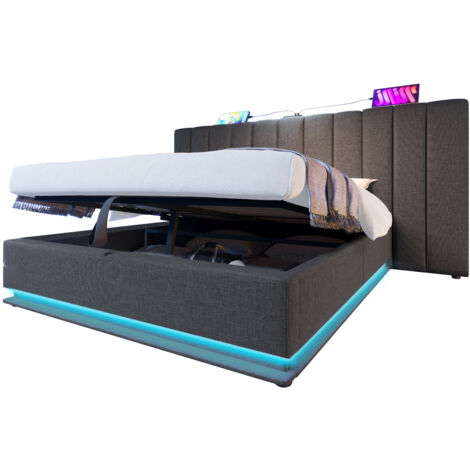 Bett mit Stauraum Leinen Grau 180x200 cm, inklusive Matratze, LED, USB-C und Lattenrost