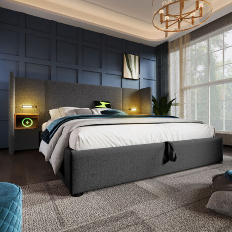Bett mit Stauraum Leinen Grau 180x200 cm mit Lattenrost, USB, Type-C und Leselampe
