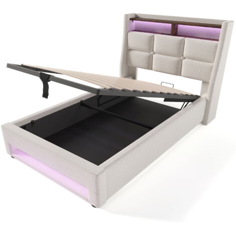 Bett mit Stauraum Leinen Hellbeige 90x200 cm, inklusive Matratze, LED, USB und Lattenrost