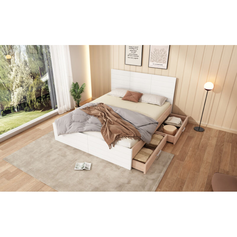 Mivray Bett Mit Stauraum Massivholz+mdf Weiß/eiche 140x200 Cm Inklusive Lattenrost, 2 Schubladen Und Matratze