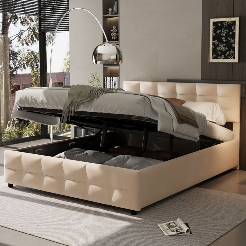 Mivray Bett Mit Stauraum Samt Beige 180x200 Cm, Mit Lattenrost Und Hydraulischer Hebefunktion