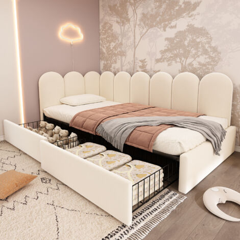 Bett mit Stauraum Samt Beige 90x190 cm, inklusive Lattenrost und 2 Schubladen