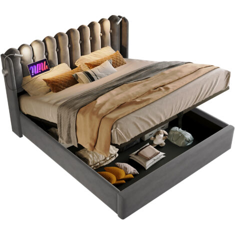 Bett mit Stauraum Samt Grau 160x200 cm, mit Lattenrost, USB und Leseleuchte