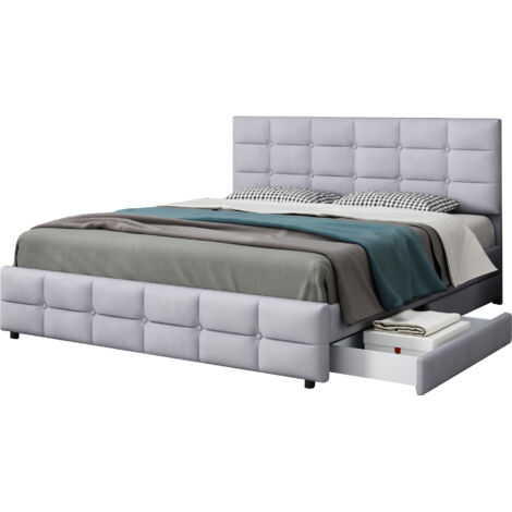 Bett mit Stauraum Samtstoff Grau 180x200 cm, Polsterbett mit 4 Schubladen und Lattenrost