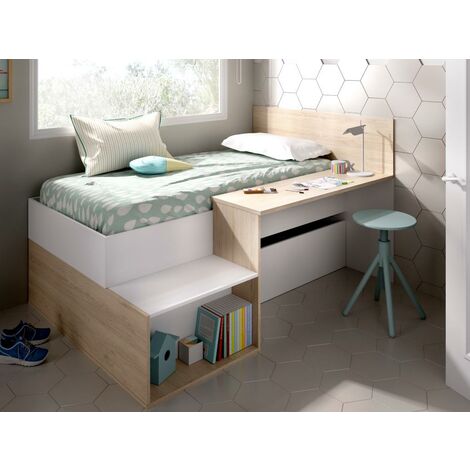 Bett mit Stauraum & Schreibtisch - 90 x 190 cm - Weiß & Eichefarben - LISON - Naturfarben hell, Weiß