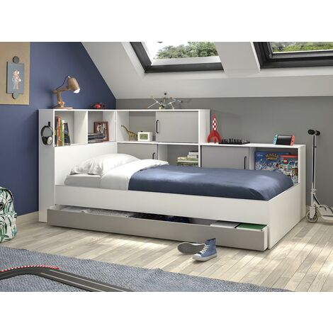 Bett mit Stauraum & Schublade - 90 x 200 cm - Weiß & Grau - ARMAND - Weiß
