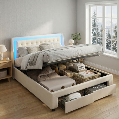 Bett mit Stauraum, Stauraumbett 140x190 mit Lattenrost, 2 Schubladen, Polsterbett mit LED RGB, Bett Erwachsene hydraulisch, Samt, modern/skandinavisch(140x190cm, Beige)