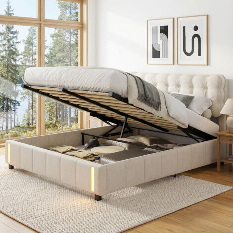 Bett mit Stauraum, Stauraumbett 140x200 mit Lattenrost, LED mit Bewegungssensor, Doppelbett Wolken-Kopfteil gepolstert, Samt, moderner Skandi-Stil(160x200cm, Beige)
