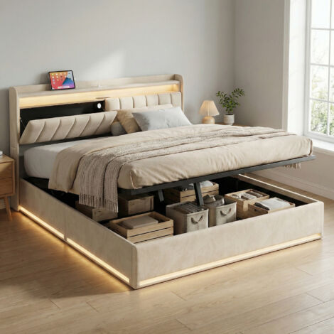Bett mit Stauraum, Stauraumbett 160x200, LED RGB & USB/Typ-C, Doppelbett mit Lattenrost, Bett Erwachsene hydraulisch, Kopfteil mit Stauraum, Samt, modern(160x200cm, Beige)