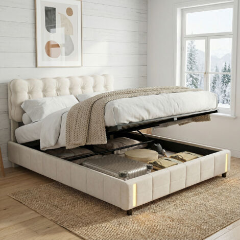 Bett mit Stauraum, Stauraumbett 160x200, LED-Sensor, Polsterbett mit Wolken-Kopfteil, Bett Erwachsene hydraulisch, Samt, modern/skandinavisch(160x200cm, Beige)