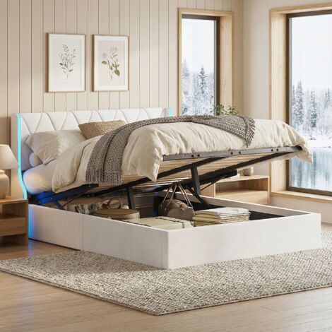 Bett mit Stauraum, Stauraumbett 160x200, Polsterbett mit LED, Stauraumbett Samt, geometrisches Kopfteil, Bett Erwachsene mit Lattenrost, modern(160x200cm, Beige)