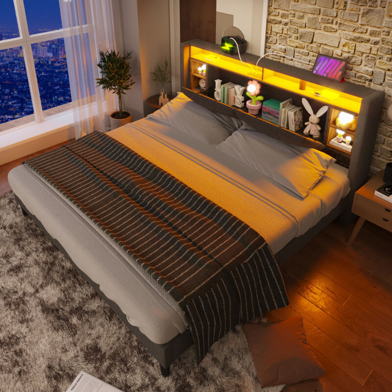 Modenvie Bett Mit Tiroirs 160×200 Cm, Doppelbett Mit Led Verstellbar, Usb, Steckdosen Und Stauraum Am Kopfteil, Ohne Matratze, Grau