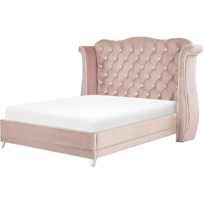 Beliani Bett Pastellrosa Samtstoff 180 X 200 Cm Hohes Kopfteil Mit Knopfheftung Nieten Chesterfield Stil Glamour Doppelbett Königsbett Schlafzimmer