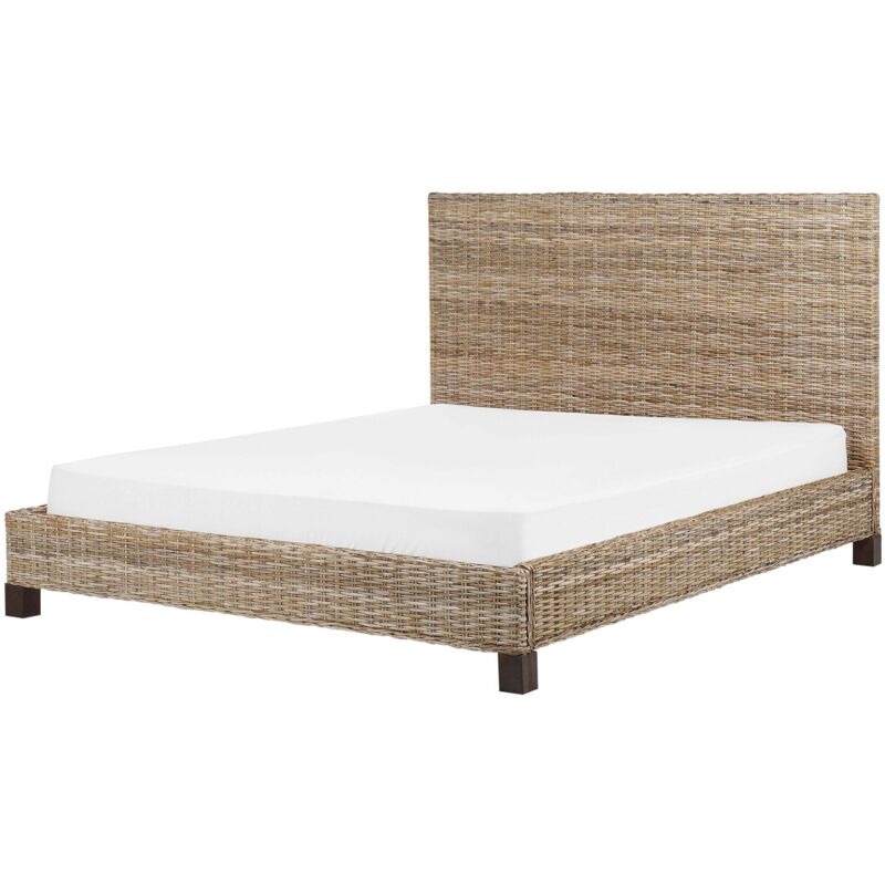 Beliani Bett Natürlich Rattan Und Mahagoniholz Mit Lattenrost 160 X 200 Cm Hohes Kopfteil Boho Doppelbett Schlafzimmer Ausstattung Möbel