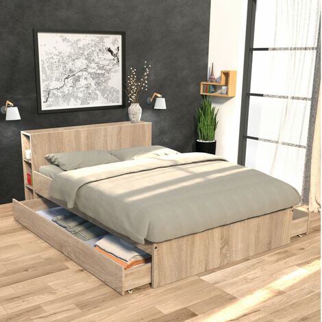 Bett RIGA 140x190cm + Kopfteil + 2 Schubladen / Eiche gebleicht/ 216x144x80 cm