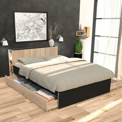 Bett RIGA 160x200cm + Kopfteil + 2 Schubladen / Schwarz und gebleichte Eiche/ 226x164x80