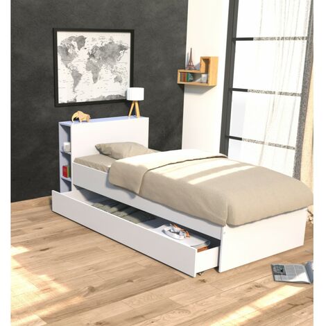 Bett RIGA 90x190 + Kopfteil + 1 Schublade / Weiß/ 216x94x80