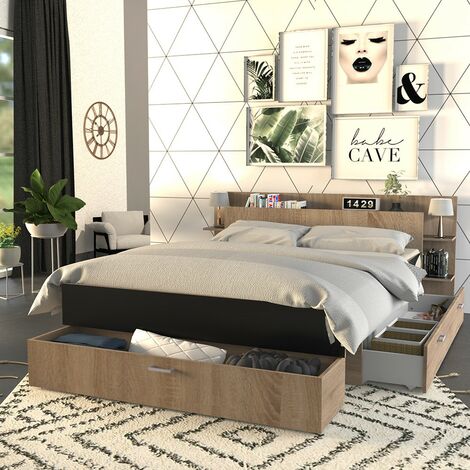 Bett SAMBA 140x190cm + Kopfteil + 2 Schubladen / Schwarz & gebleichte Eiche/ 216x180x80